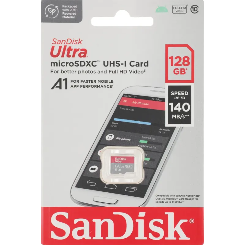 Карта памяти SanDisk Ultra microSDXC 128 Гб UHS-I Class 10 до 140 МБ/с SDSQUAB-128G-GN6MN