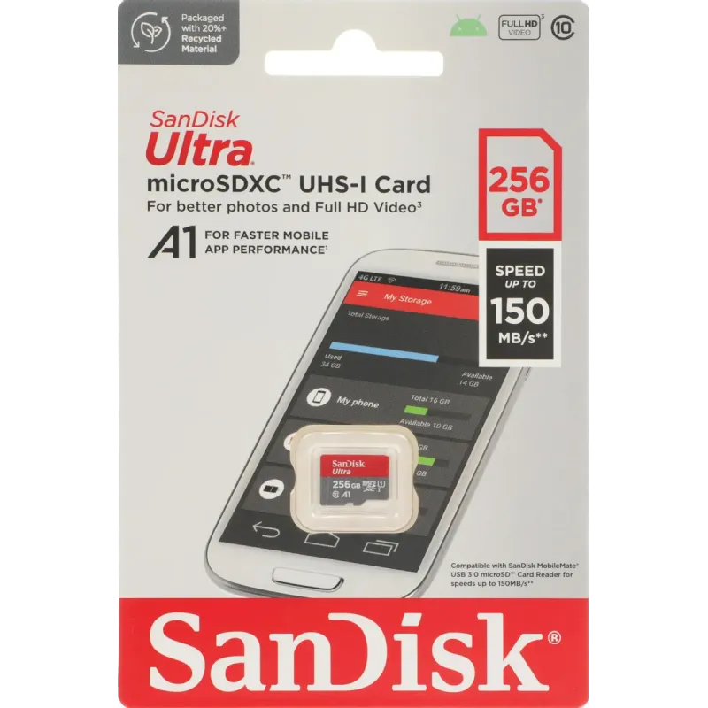 Карта памяти SanDisk Ultra microSDXC 256 Гб UHS-I Class 10 до 150 МБ/с SDSQUAC-256G-GN6MN