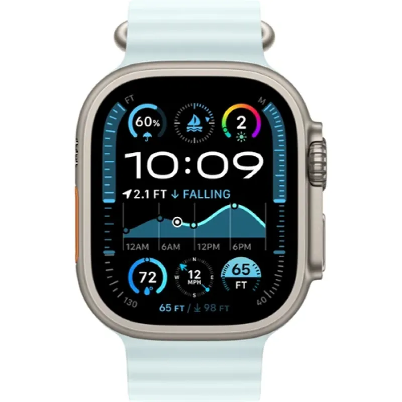 Смарт-часы Apple Watch Ultra 2 2024, 49 мм, LTE, Natural Titanium Case with Ice Blue Ocean Band, титан серый с голубым ремешком